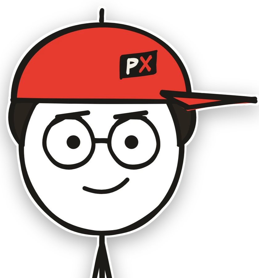 Dr. PX, the channel's stick-figure scientist: round glasses, a red cap with a PX patch and a curious smirk, with red and cyan copies of him on either side like a 3D picture.
